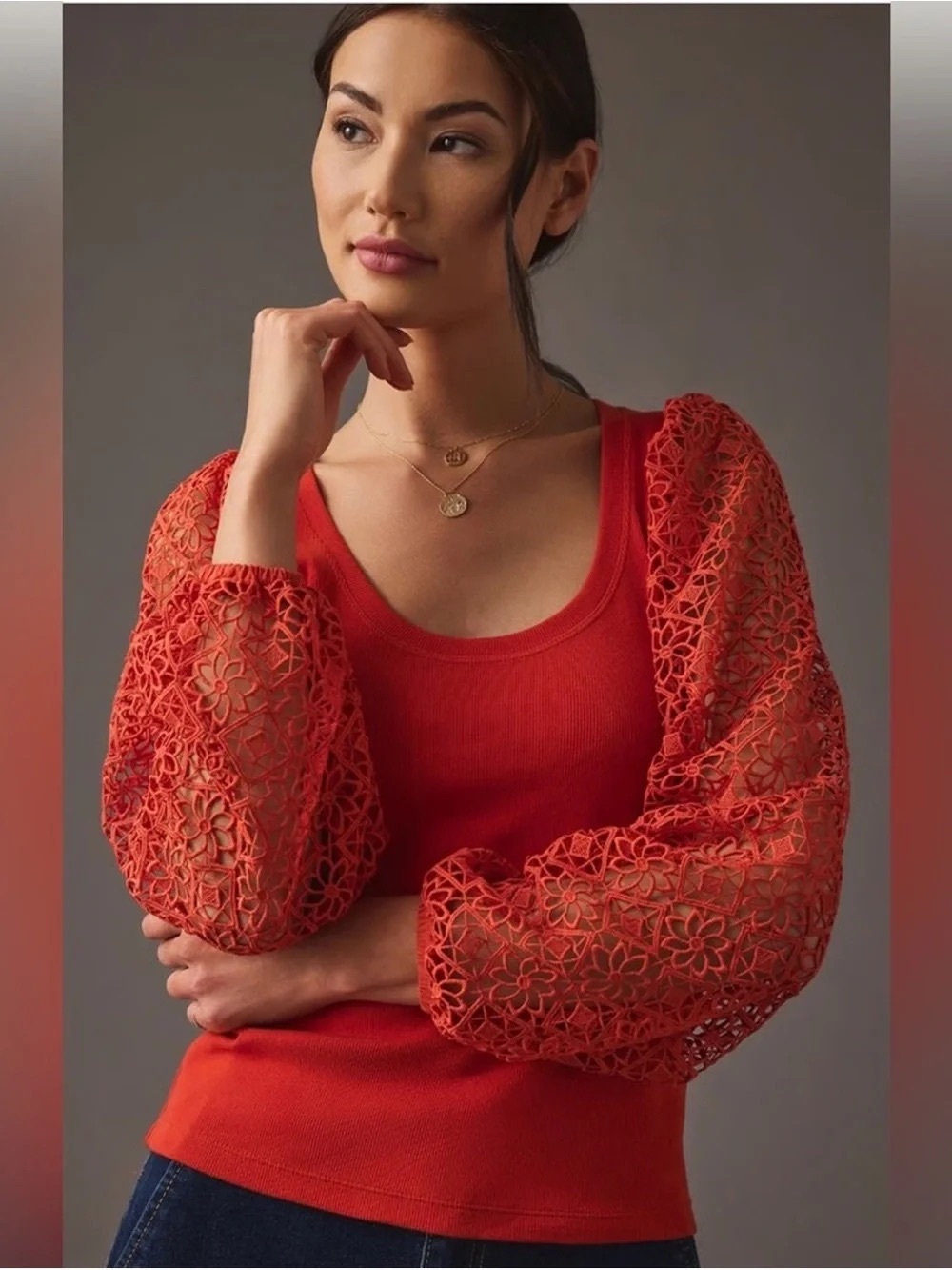 Maeve Red Scoop Neck Top with Crochet Long Sleeves Anthropology Size XL with tag